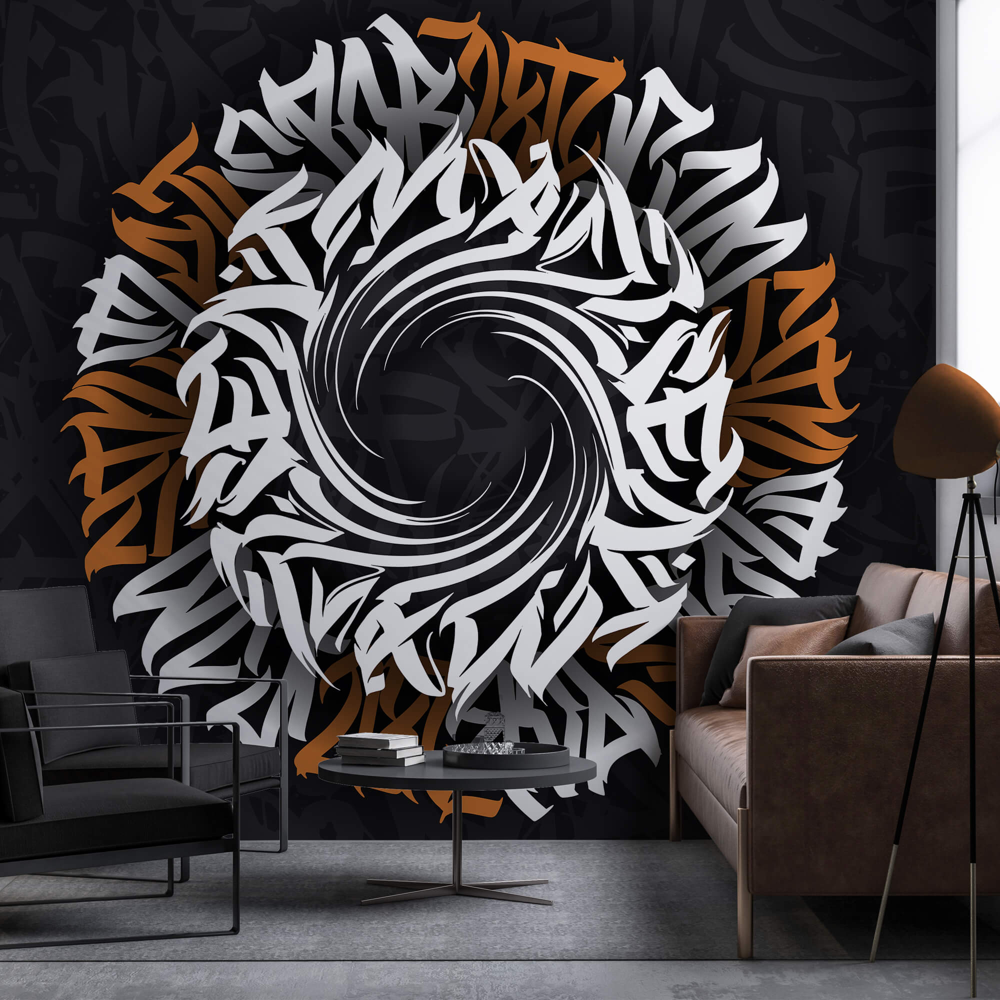 Padrão circular com letras brancas e cor de laranja Padrão circular com letras brancas e cor de laranja