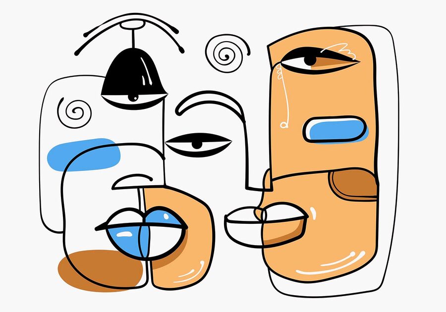 Grupo de rostos desenhados num fundo branco