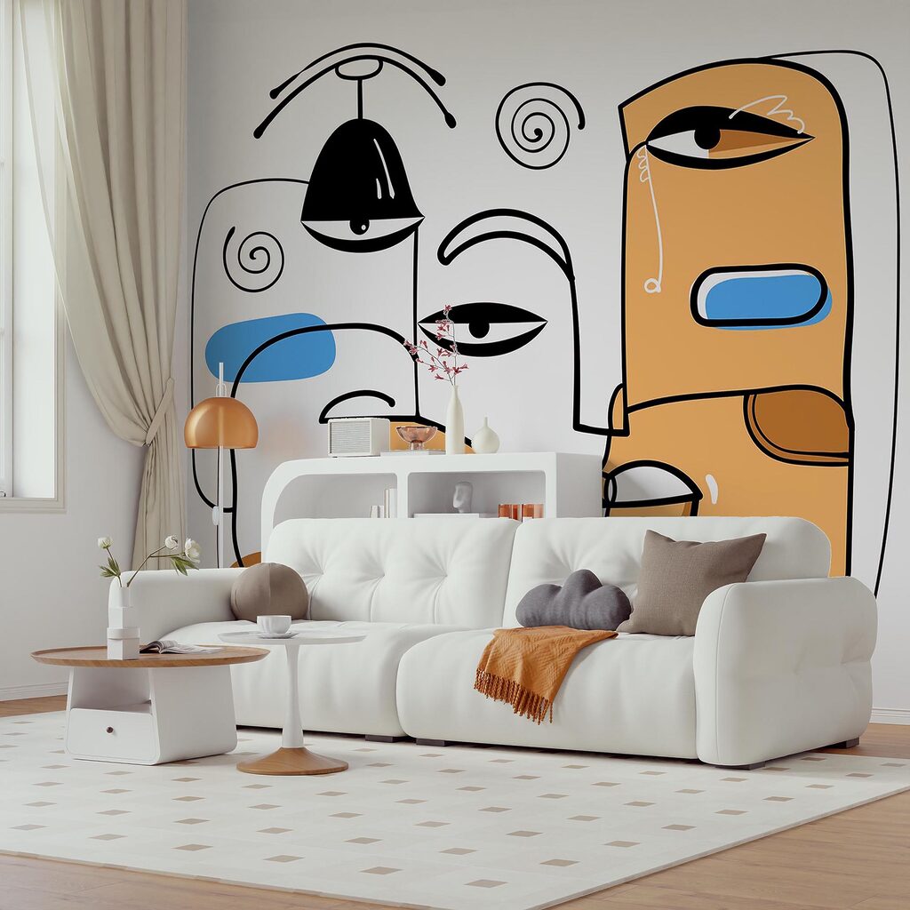 Grupo de rostos desenhados num fundo branco