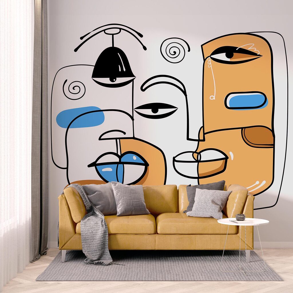 Grupo de rostos desenhados num fundo branco