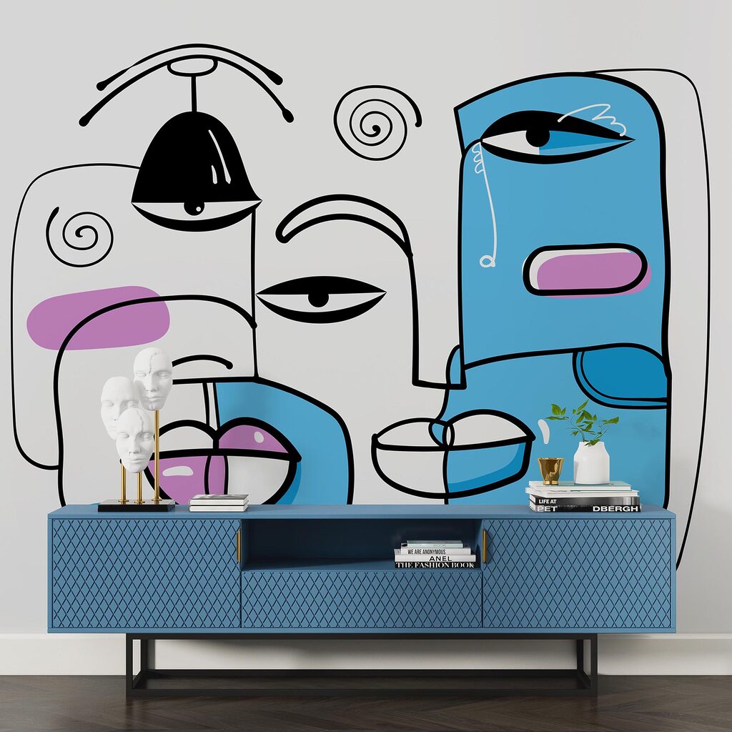 Grupo de rostos desenhados num fundo branco