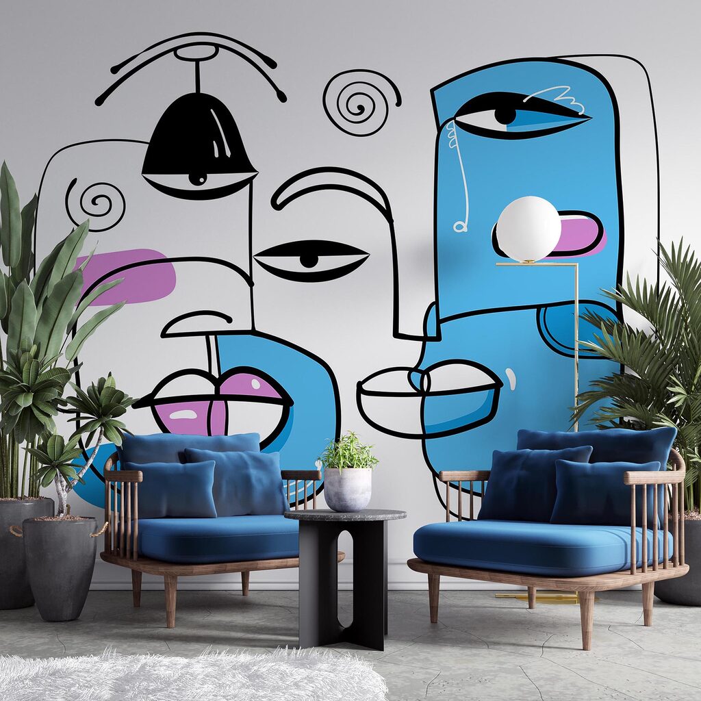 Grupo de rostos desenhados num fundo branco