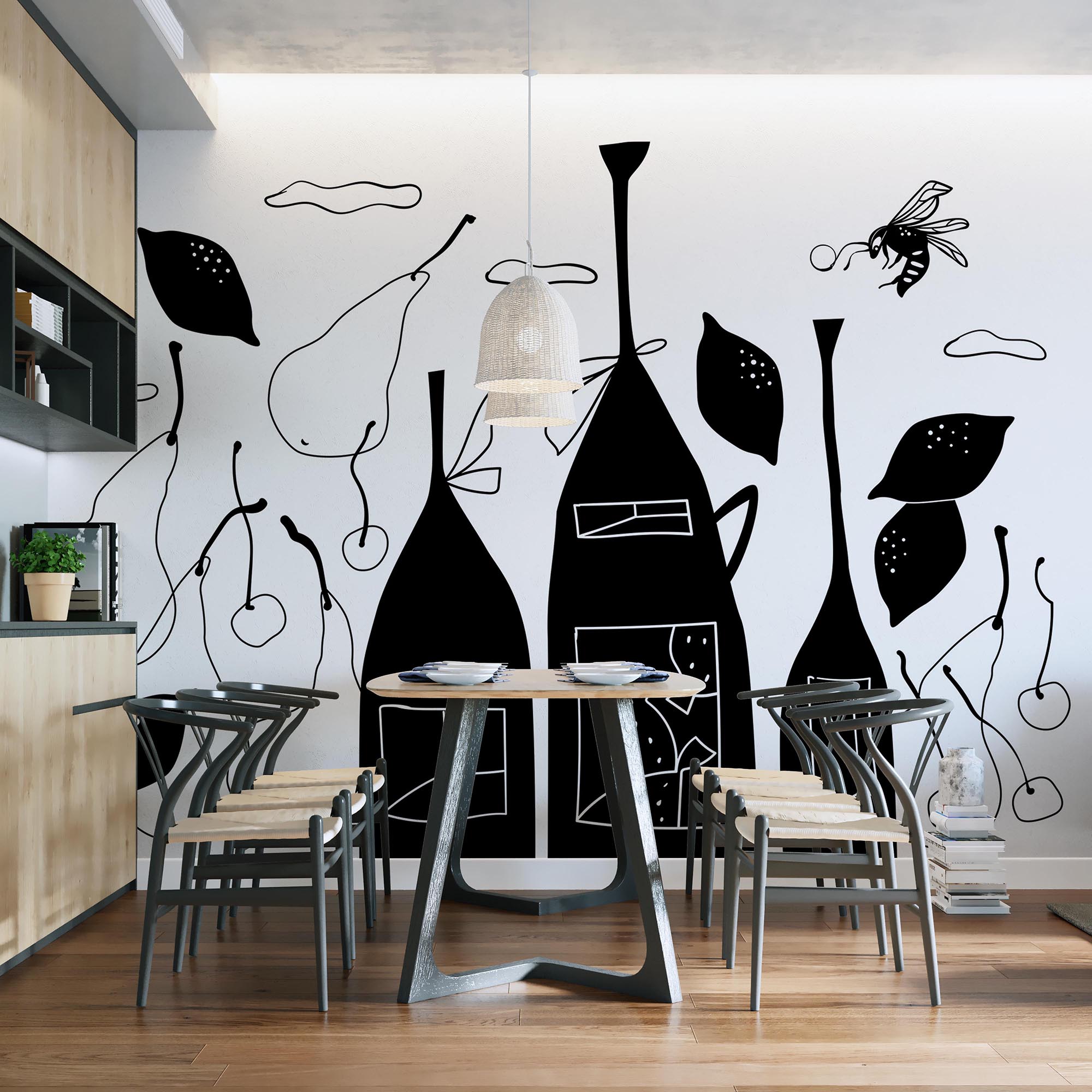 Desenho a preto e branco de garrafas