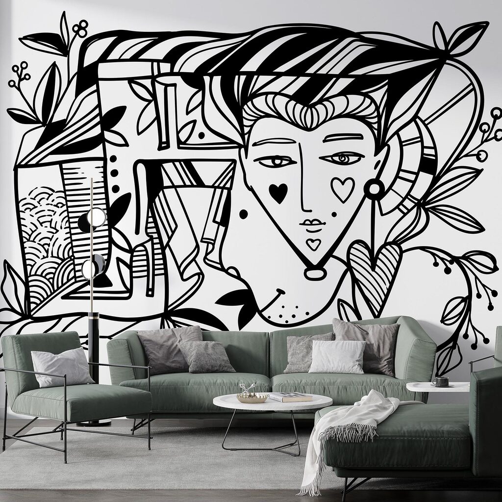 Desenho a preto e branco do rosto de uma pessoa’