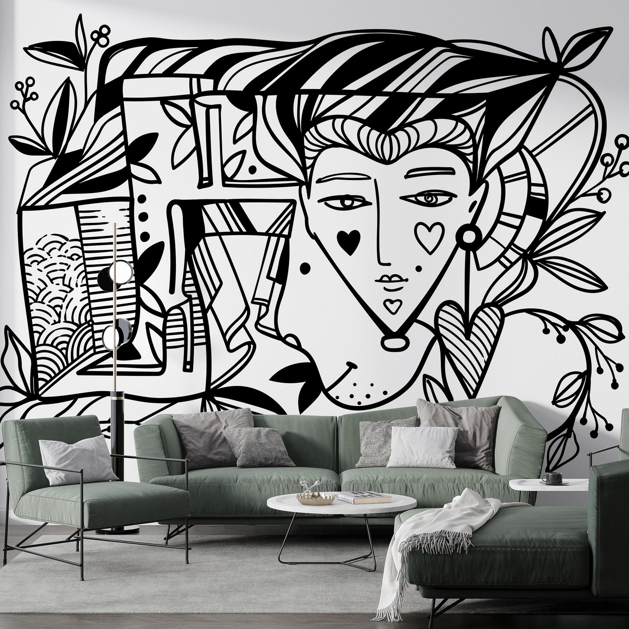 Desenho a preto e branco do rosto de uma pessoa’