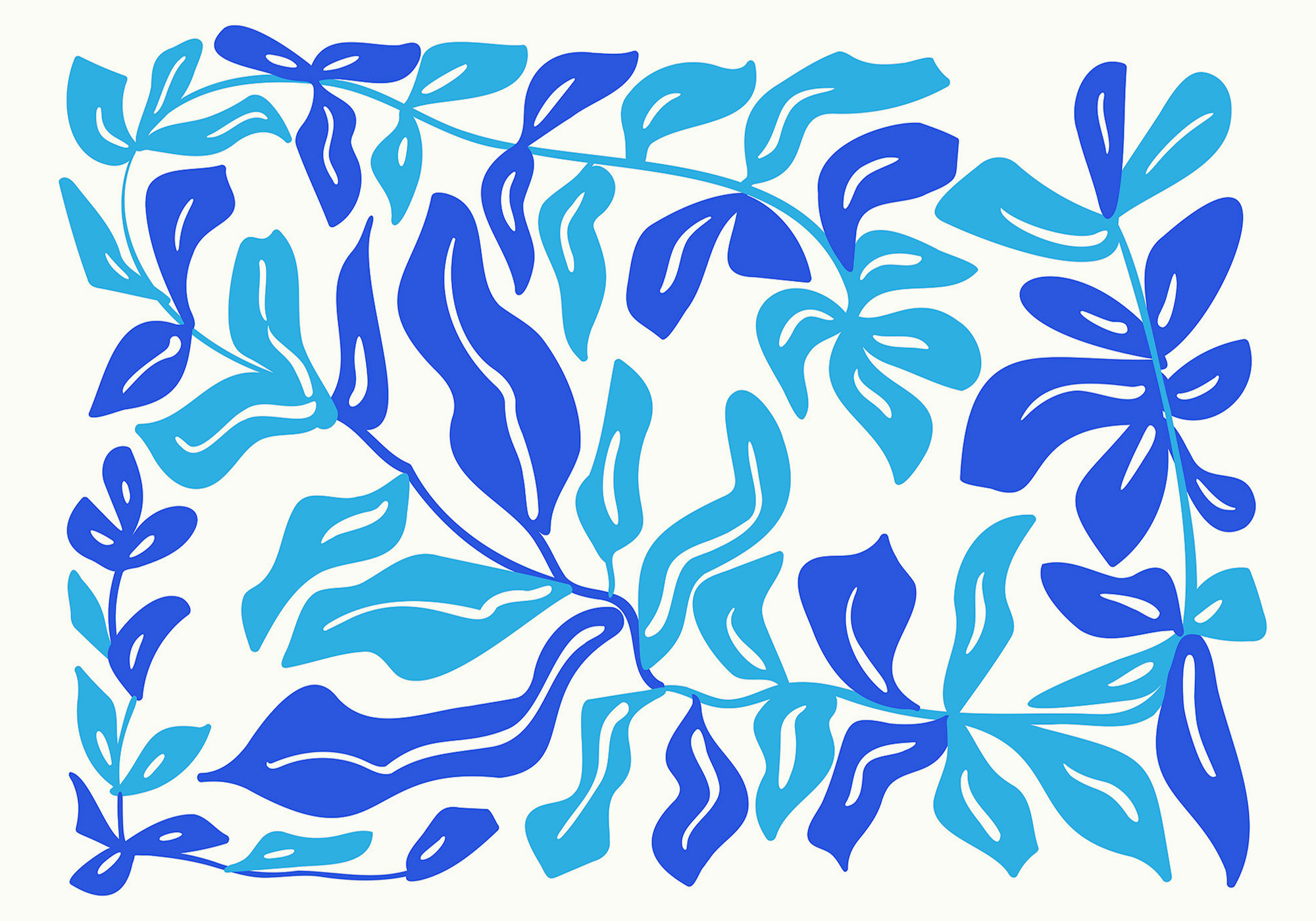 Blue and white drawing of leaves