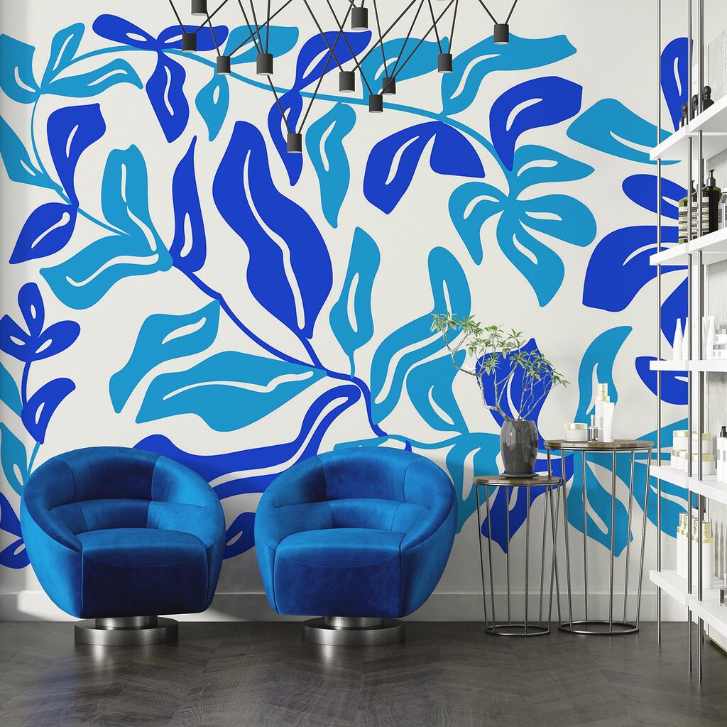 Desenho de folhas a azul e branco