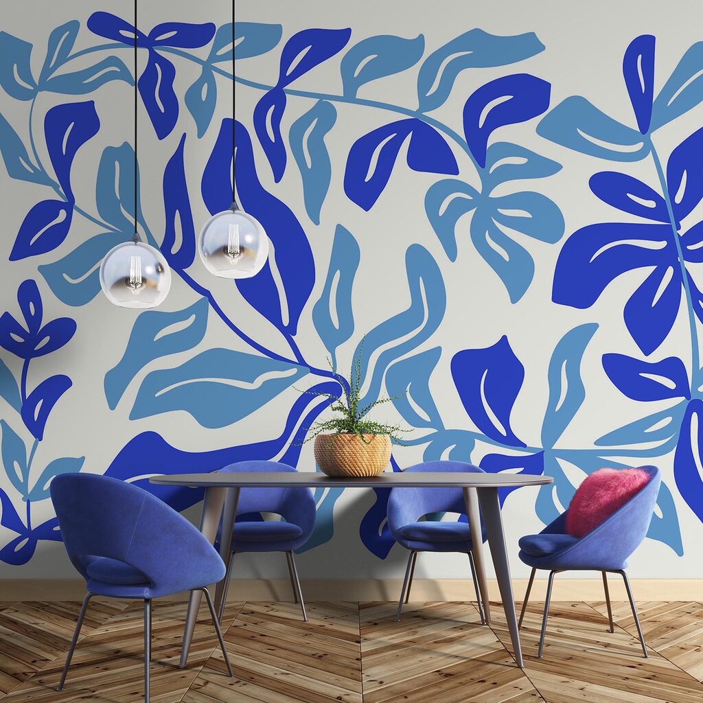 Desenho de folhas a azul e branco