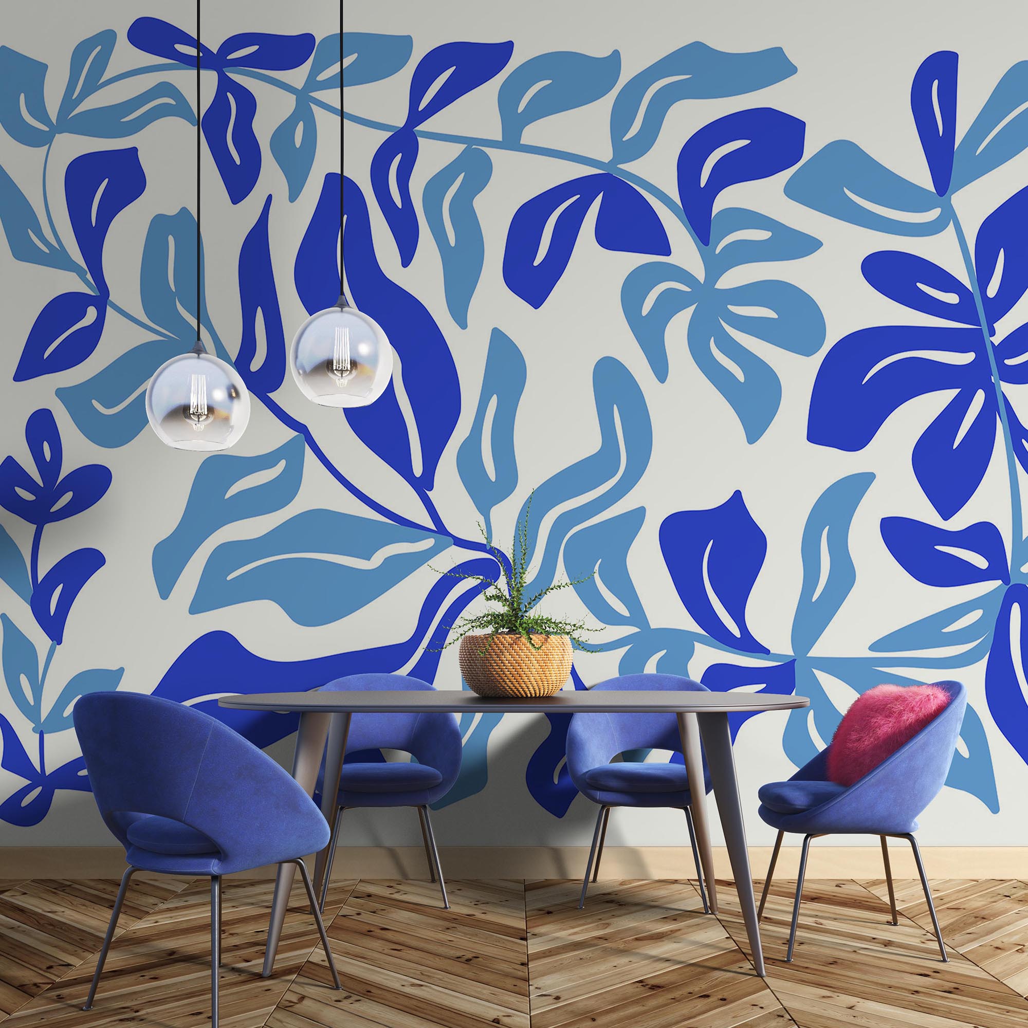 Desenho de folhas a azul e branco