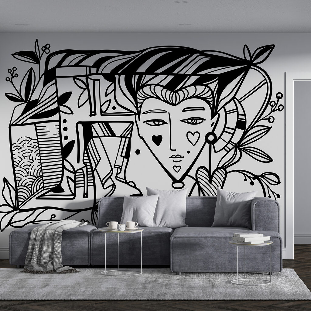 Desenho a preto e branco do rosto de uma pessoa’