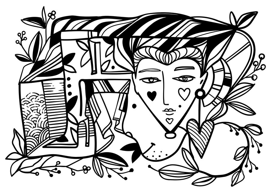 Desenho a preto e branco do rosto de uma pessoa&#8217