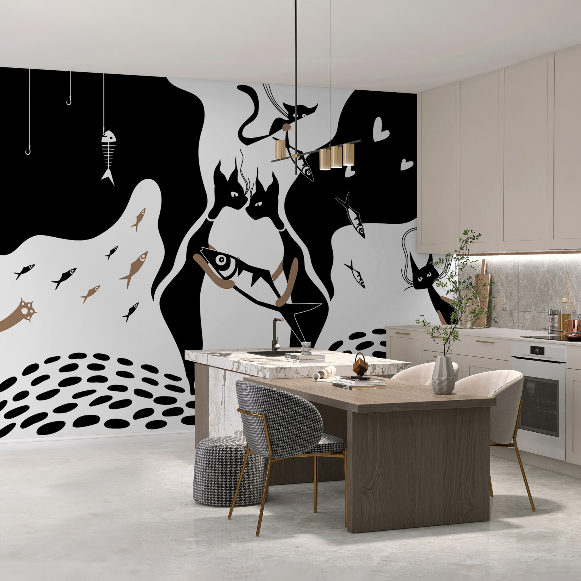 Gato preto e branco com peixe e peixe Gato preto e branco com peixe e peixe