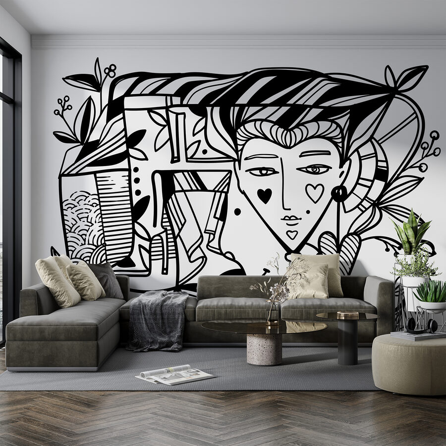 Desenho a preto e branco do rosto de uma pessoa&#8217