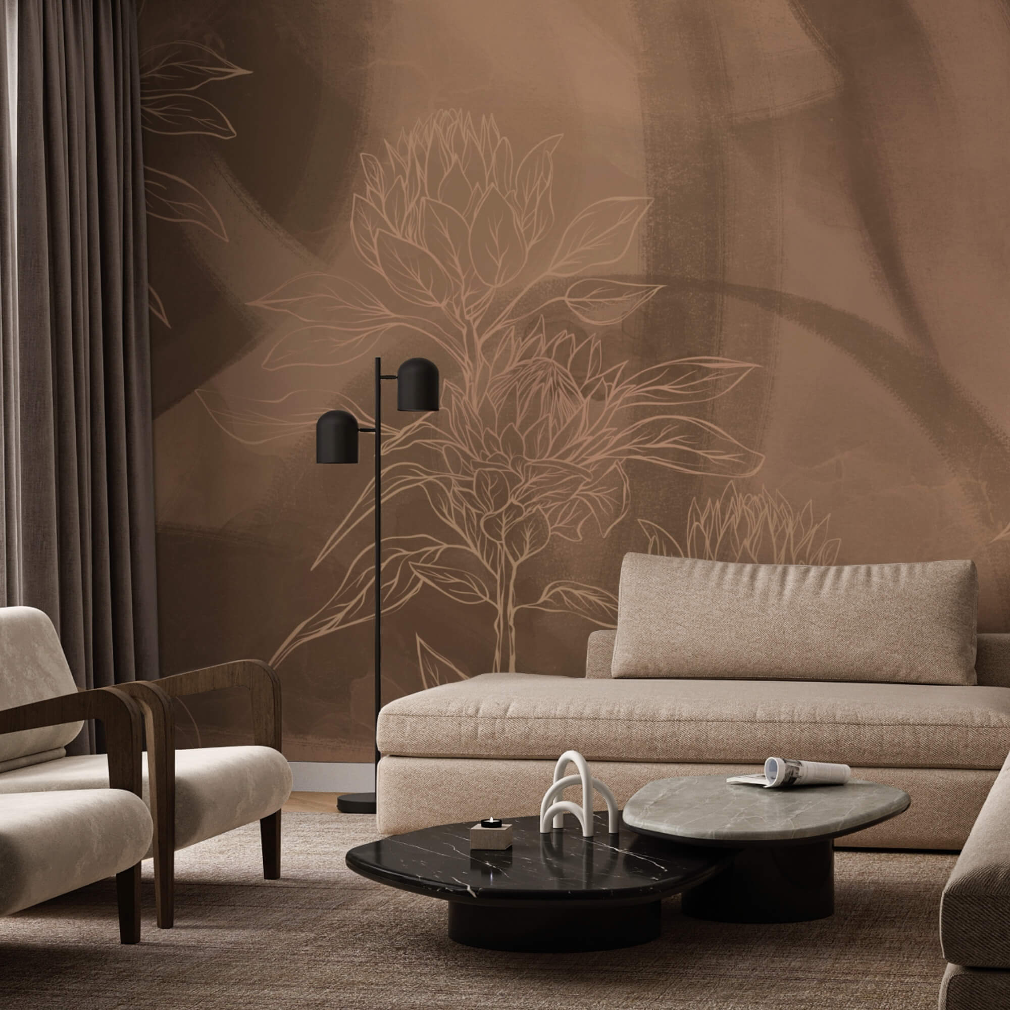 Contornos florais num fundo quente