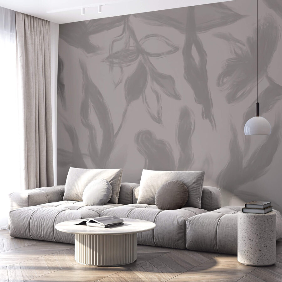 Papel de parede Fundo cinzento e branco com flores - Image 2