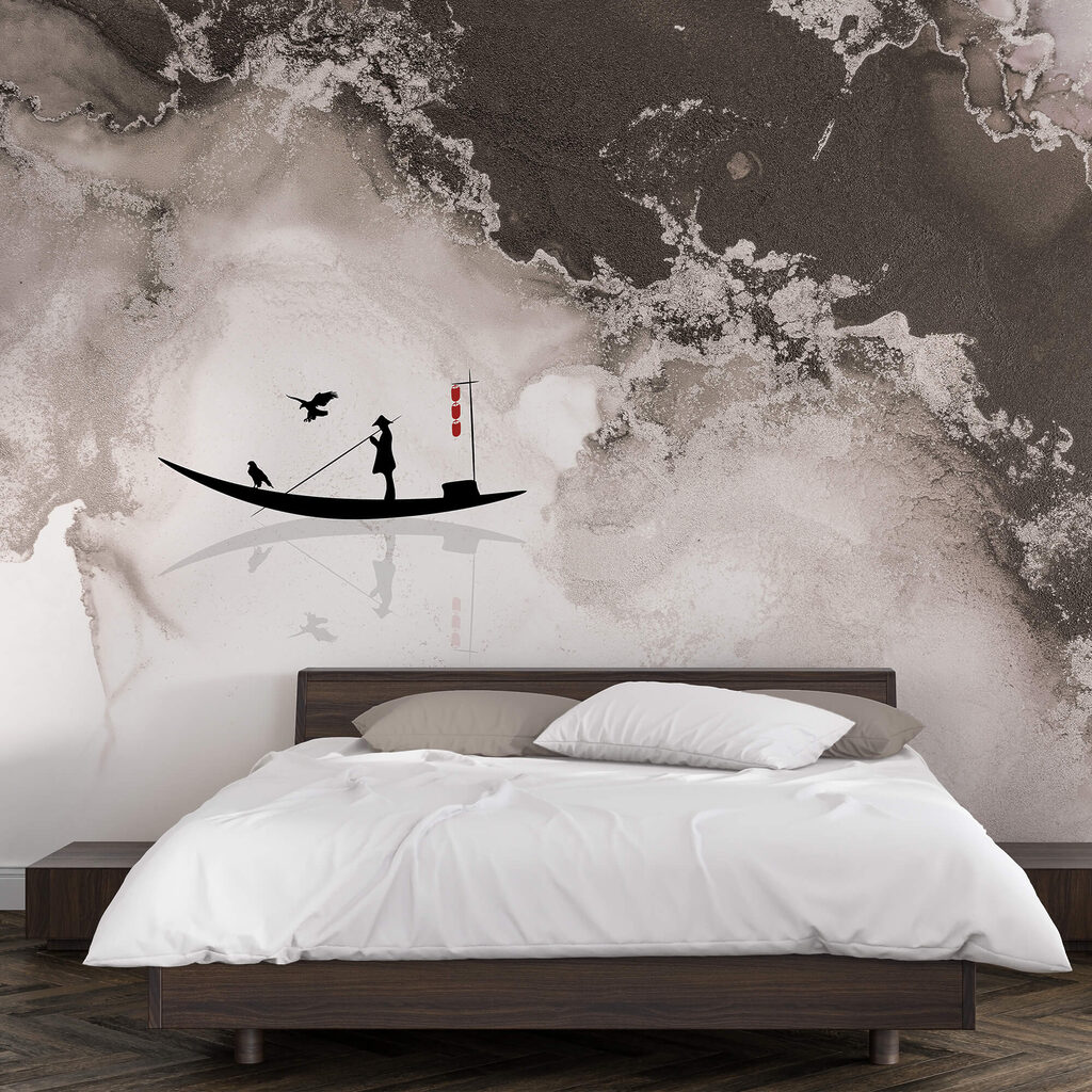Silhueta de um homem num barco com um pássaro em cima