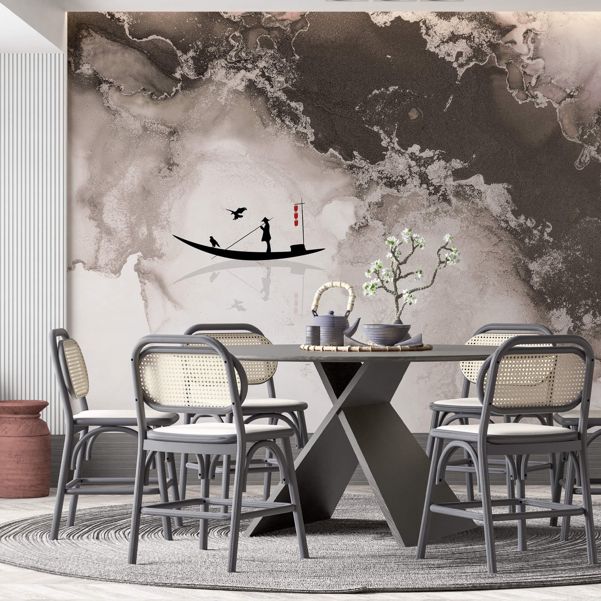 Silhueta de um homem num barco com um pássaro em cima