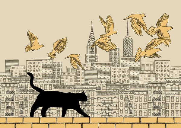 Cat walking on a wall with birds flying in the sky