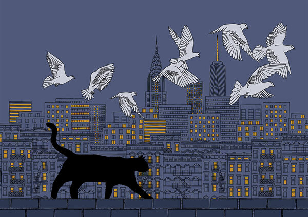 Gato a caminhar numa parede com pássaros a voar no céu Gato a caminhar numa parede com pássaros a voar no céu