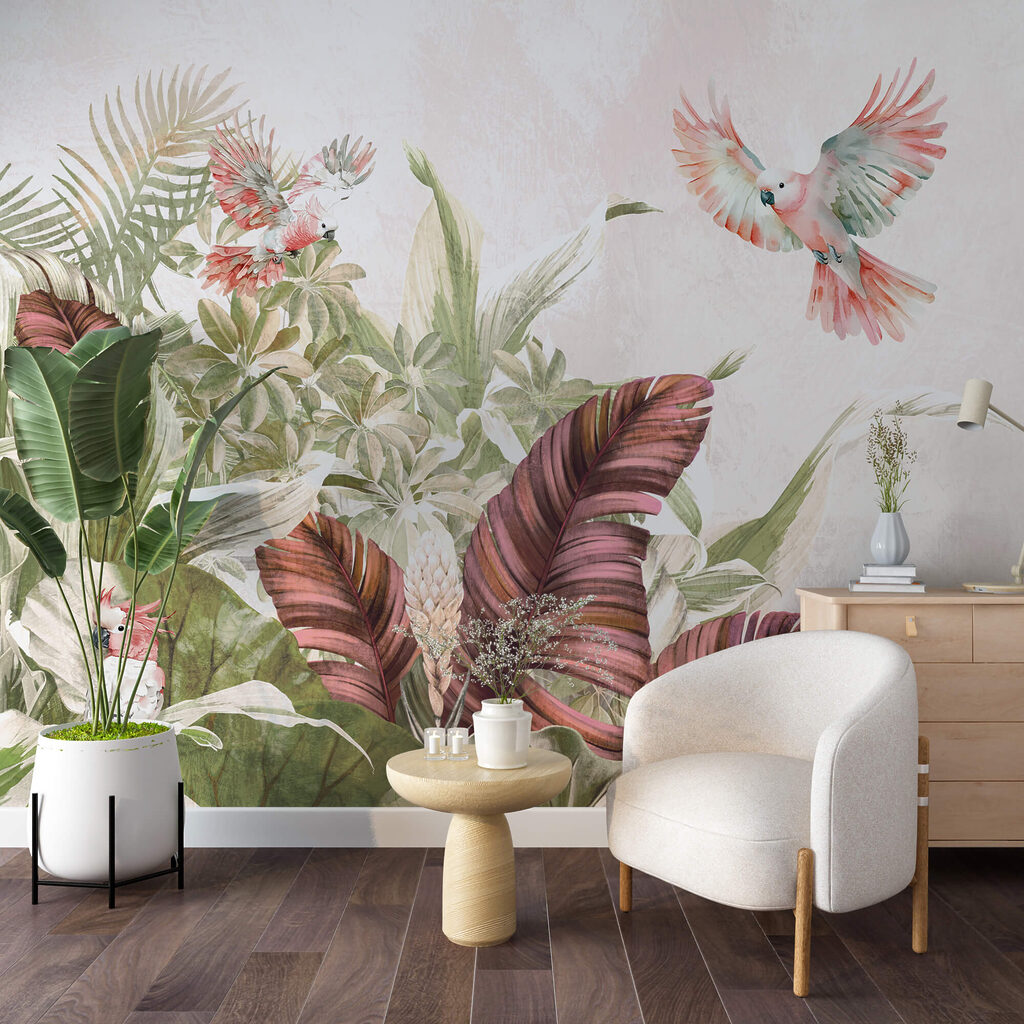 Pintura de pássaros a voar sobre uma planta