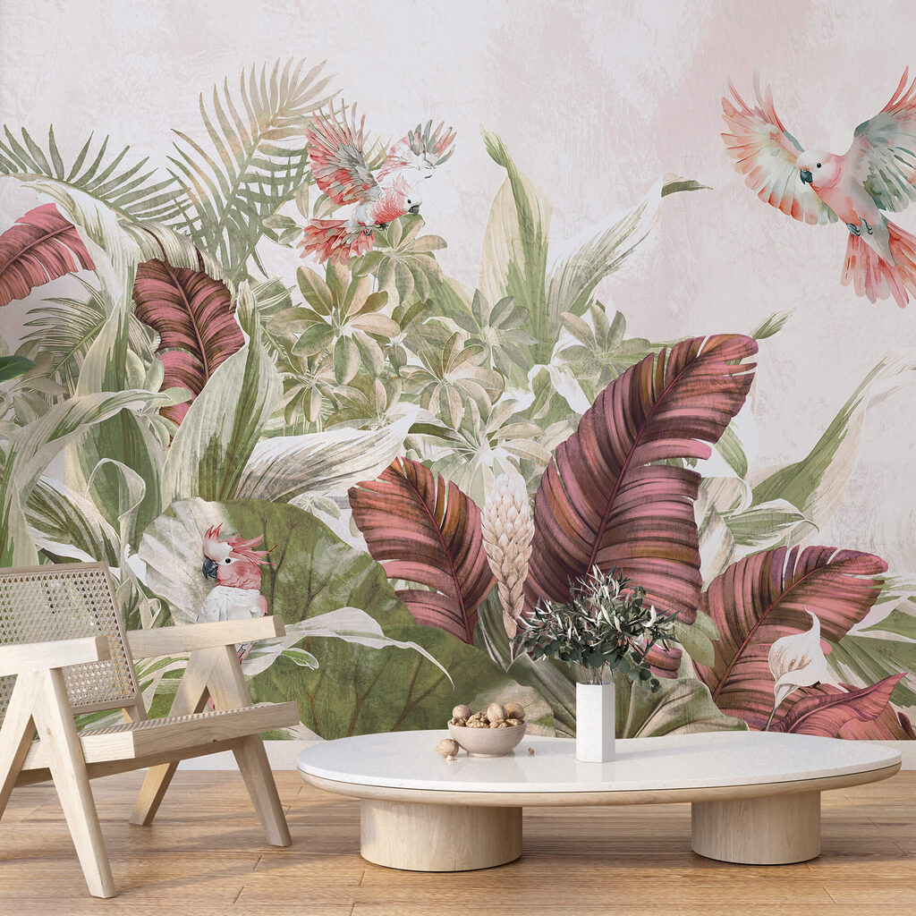 Pintura de pássaros a voar sobre uma planta