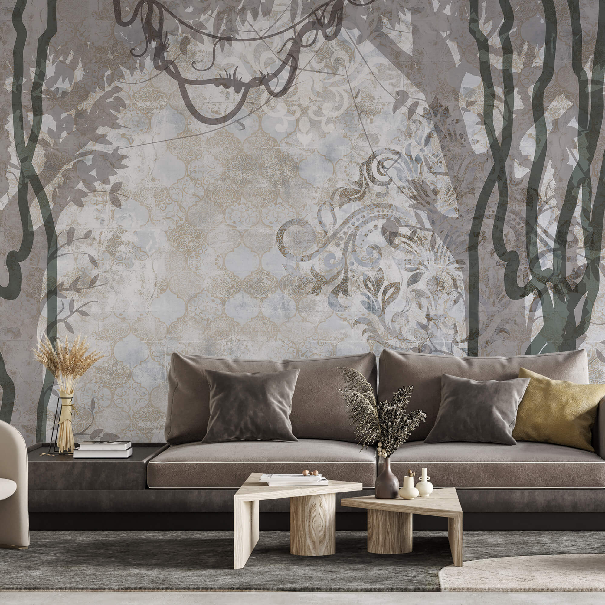 Parede branca com trepadeiras e folhas