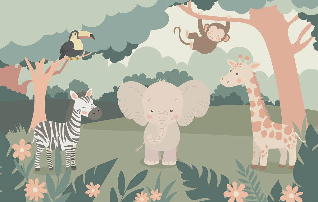 Desenho animado de animais numa floresta Desenho animado de animais numa floresta