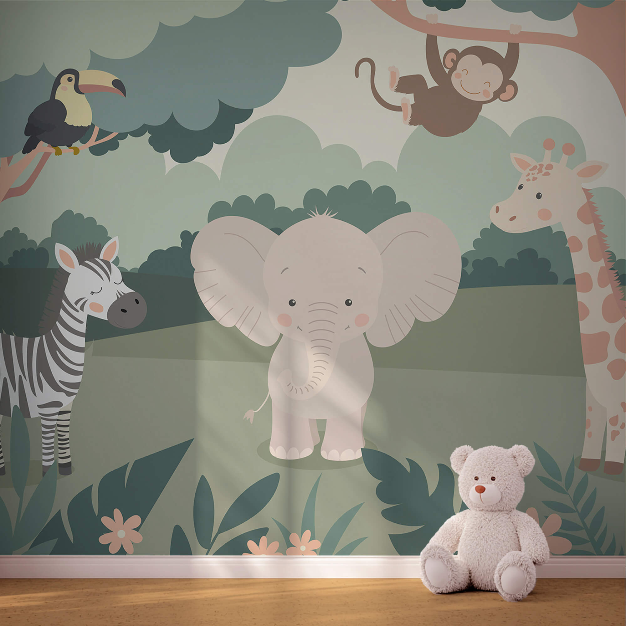 Desenho animado de animais numa floresta