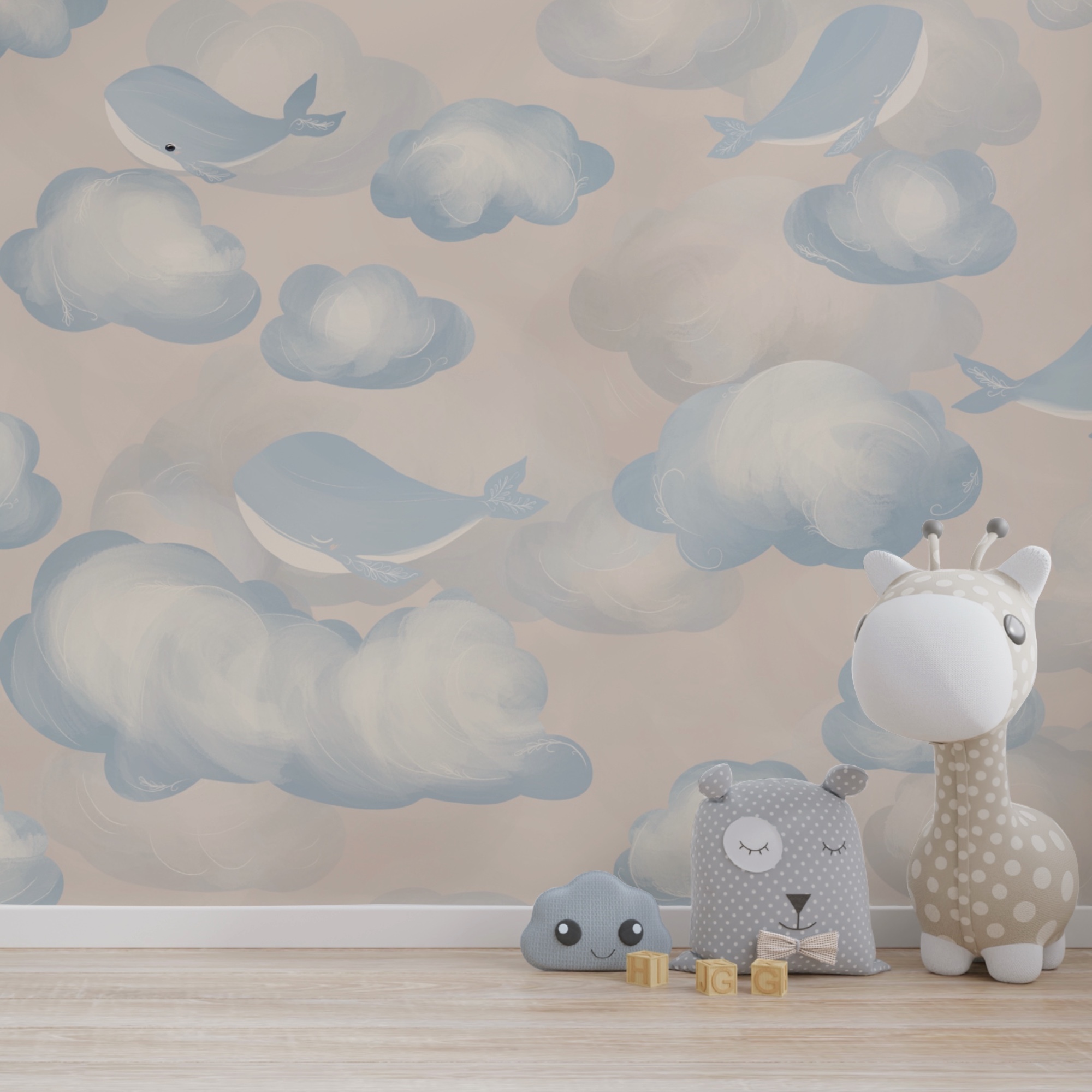 Nuvens azuis e brancas e baleias