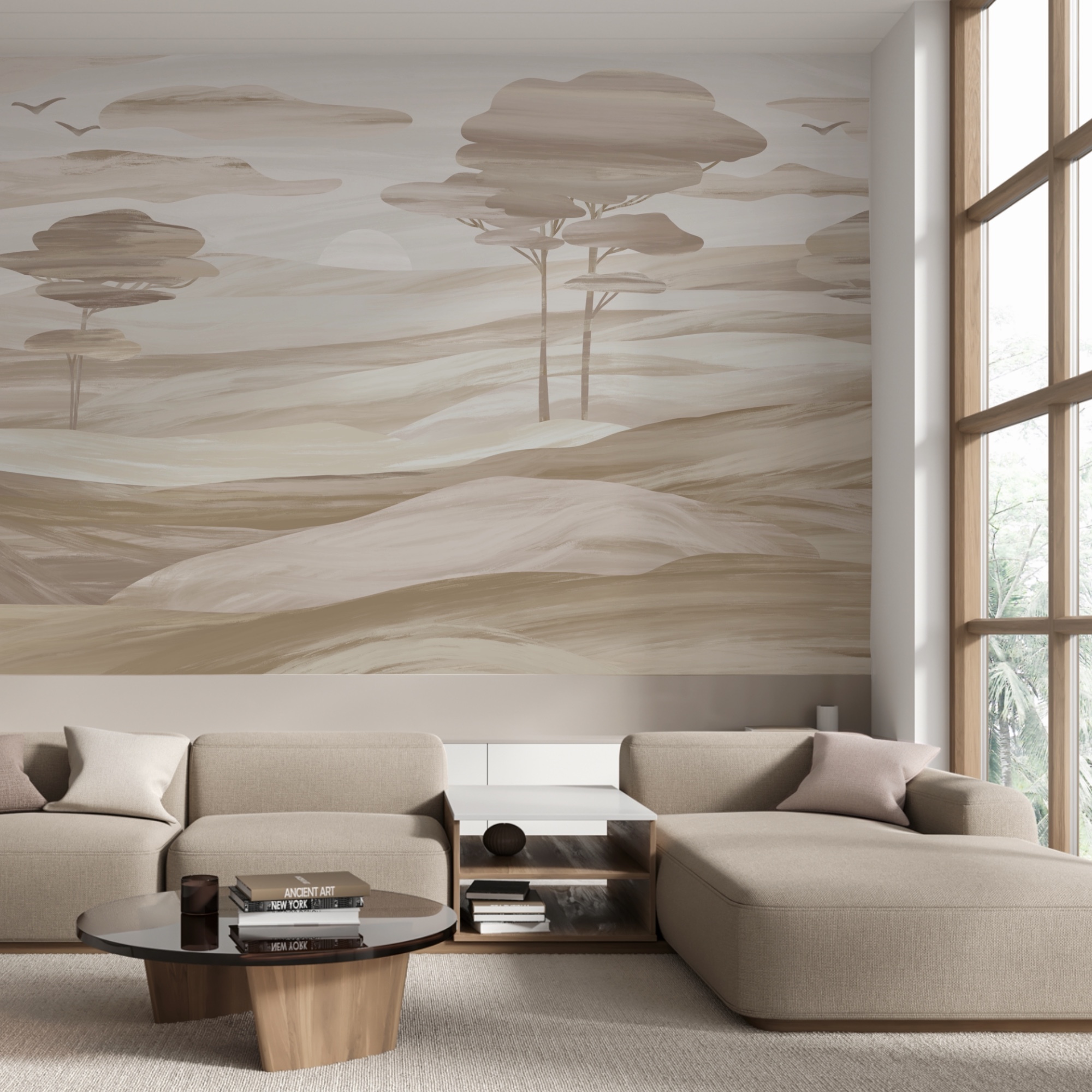 Paisagem com árvores e colinas