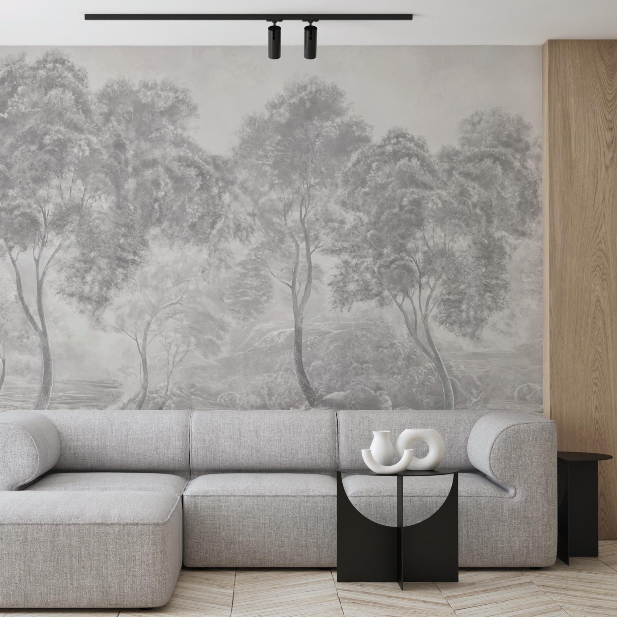 Grupo de árvores numa paisagem de nevoeiro