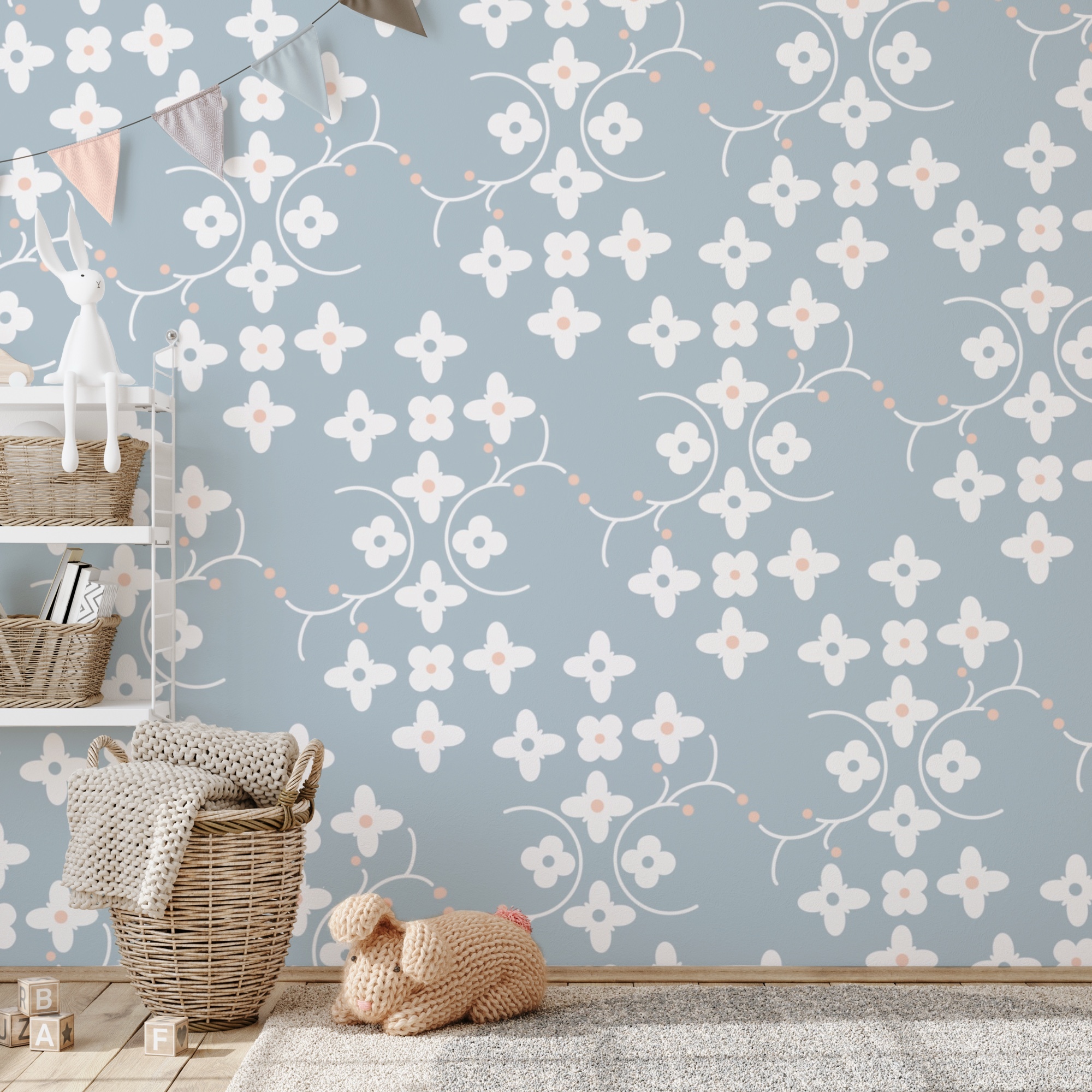 Padrão de flores brancas e pontos cor-de-rosa sobre um fundo azul