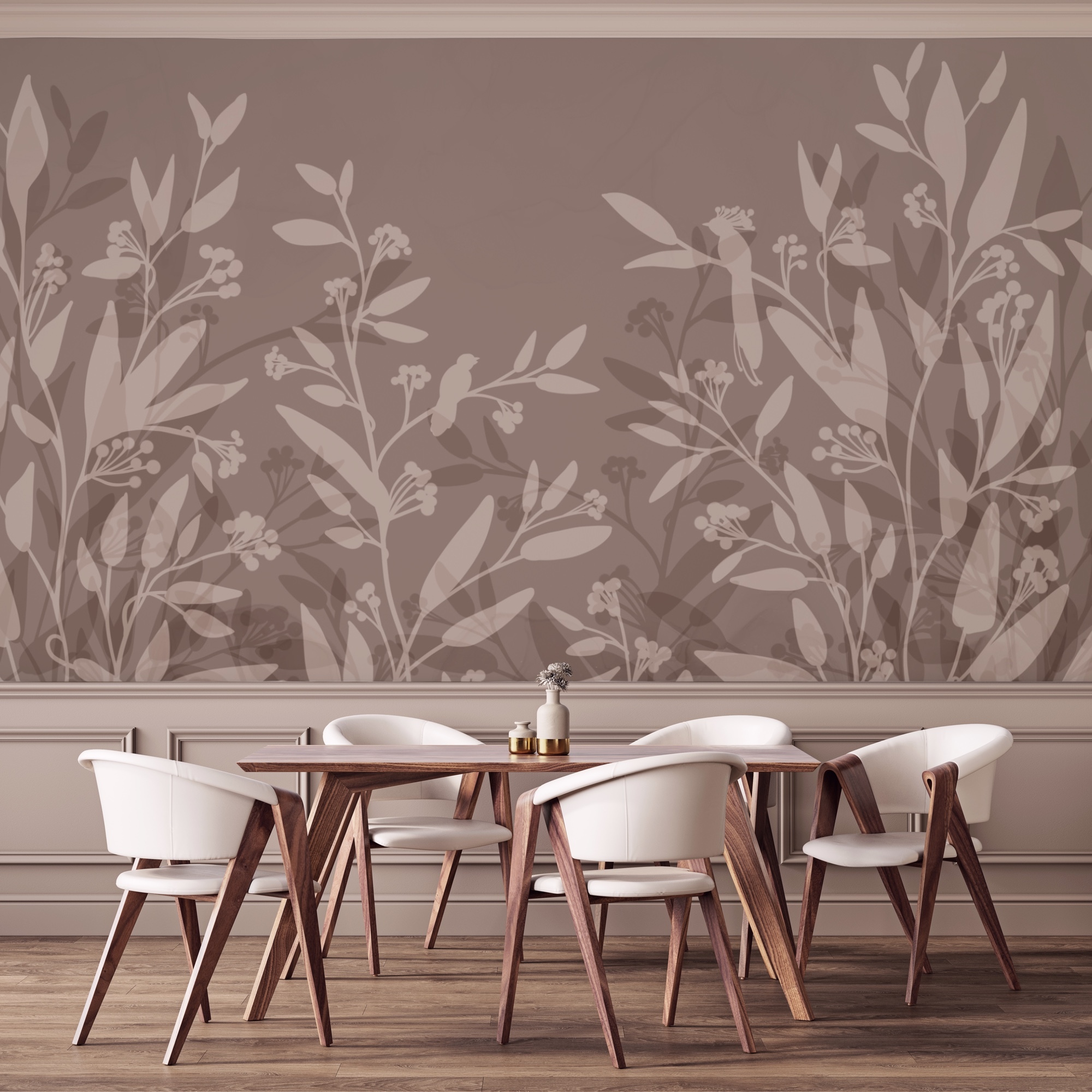 Silhuetas de folhas suaves num fundo discreto