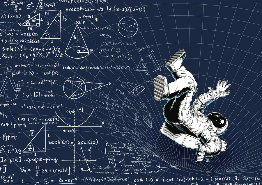 Homem com fato espacial a cair sobre um quadro com equações matemáticas Homem com fato espacial a cair sobre um quadro com equações matemáticas