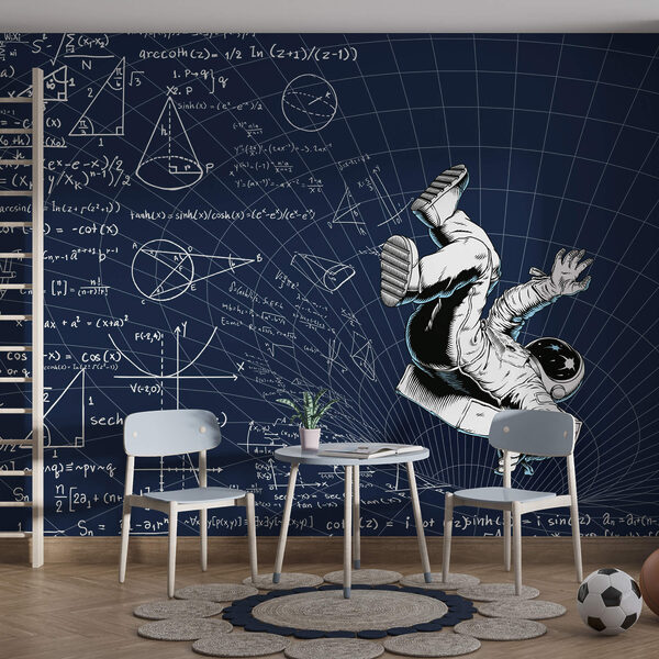 Homem com fato espacial a cair sobre um quadro com equações matemáticas Homem com fato espacial a cair sobre um quadro com equações matemáticas