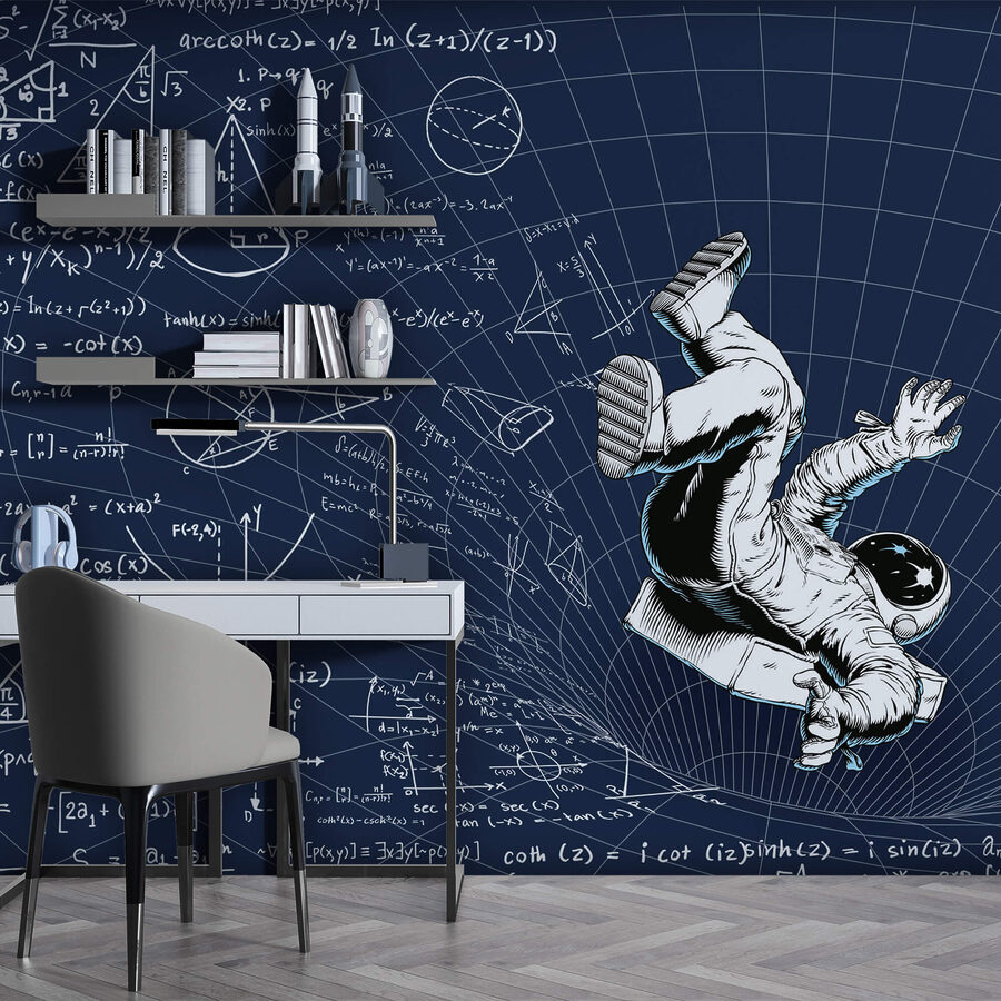 Homem com fato espacial a cair sobre um quadro com equações matemáticas Homem com fato espacial a cair sobre um quadro com equações matemáticas