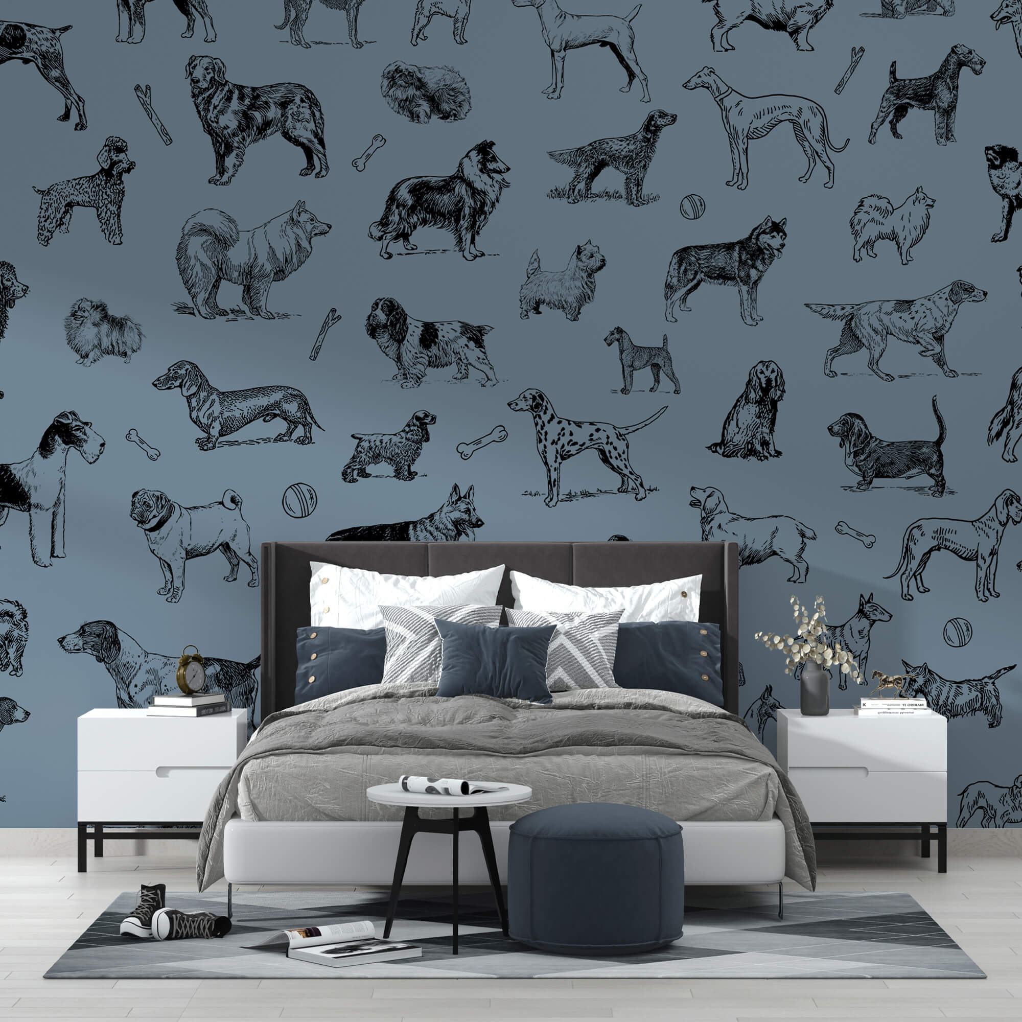 Grupo de cães sobre um fundo azul