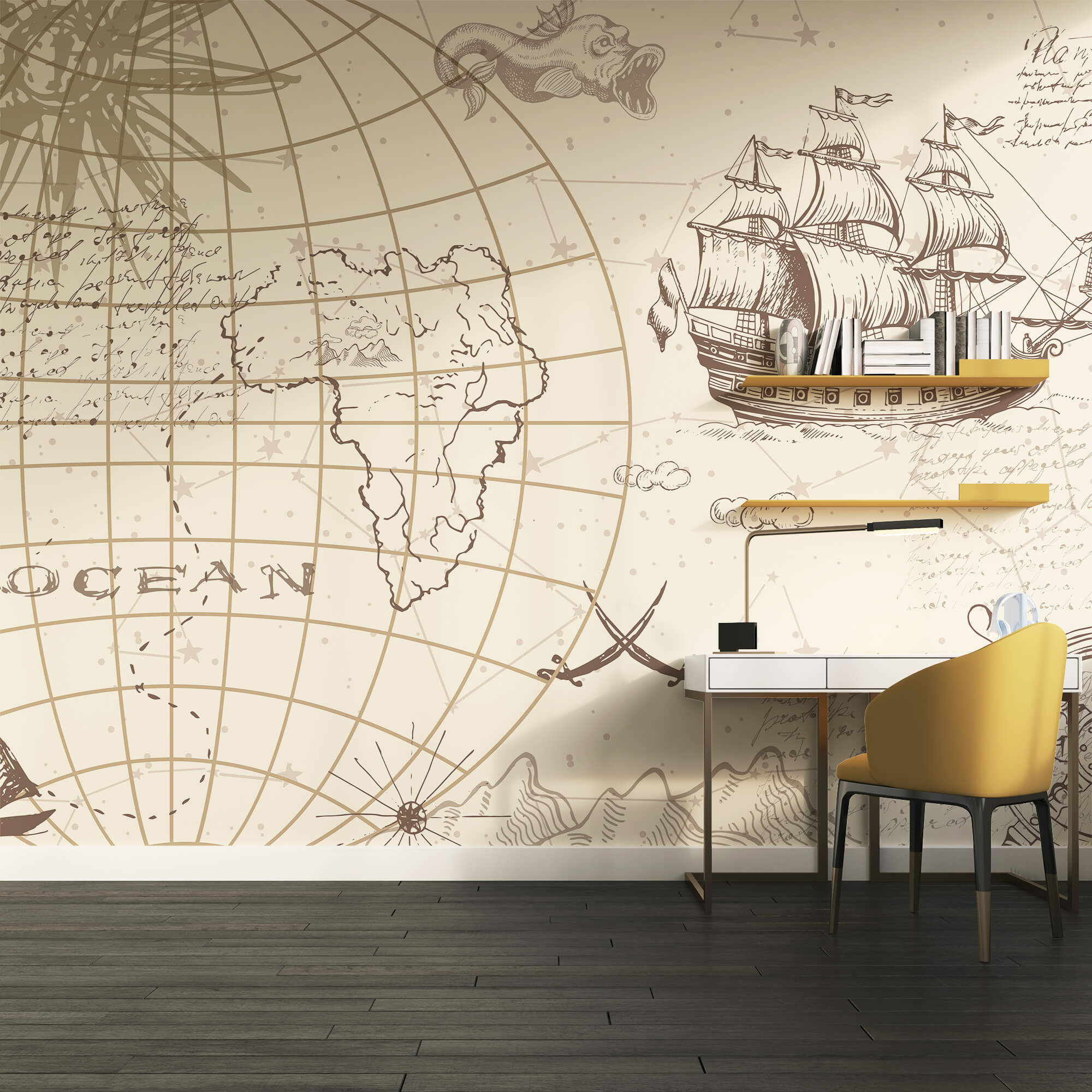 Mapa do mundo e um navio