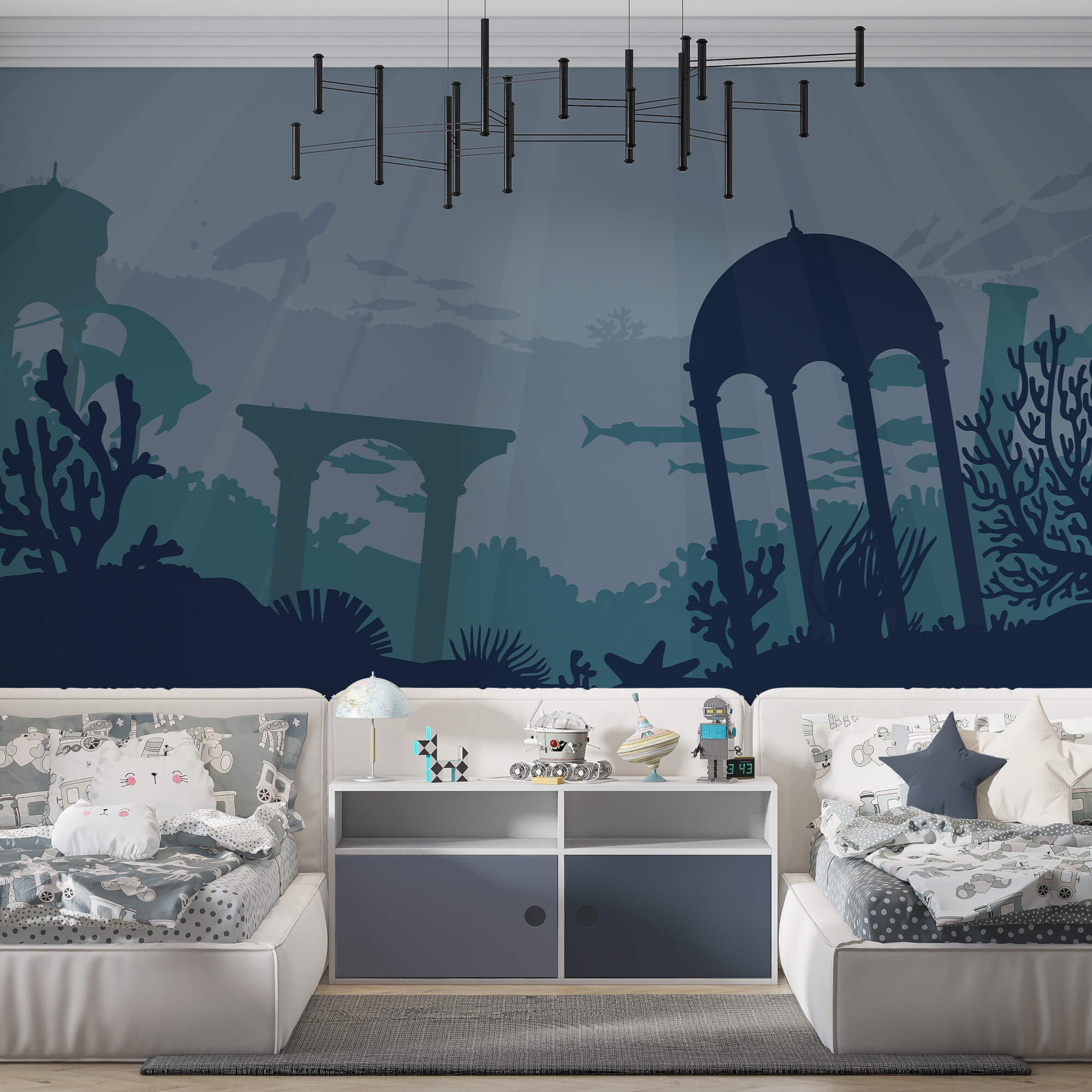 Silhueta de um edifício e plantas marinhas