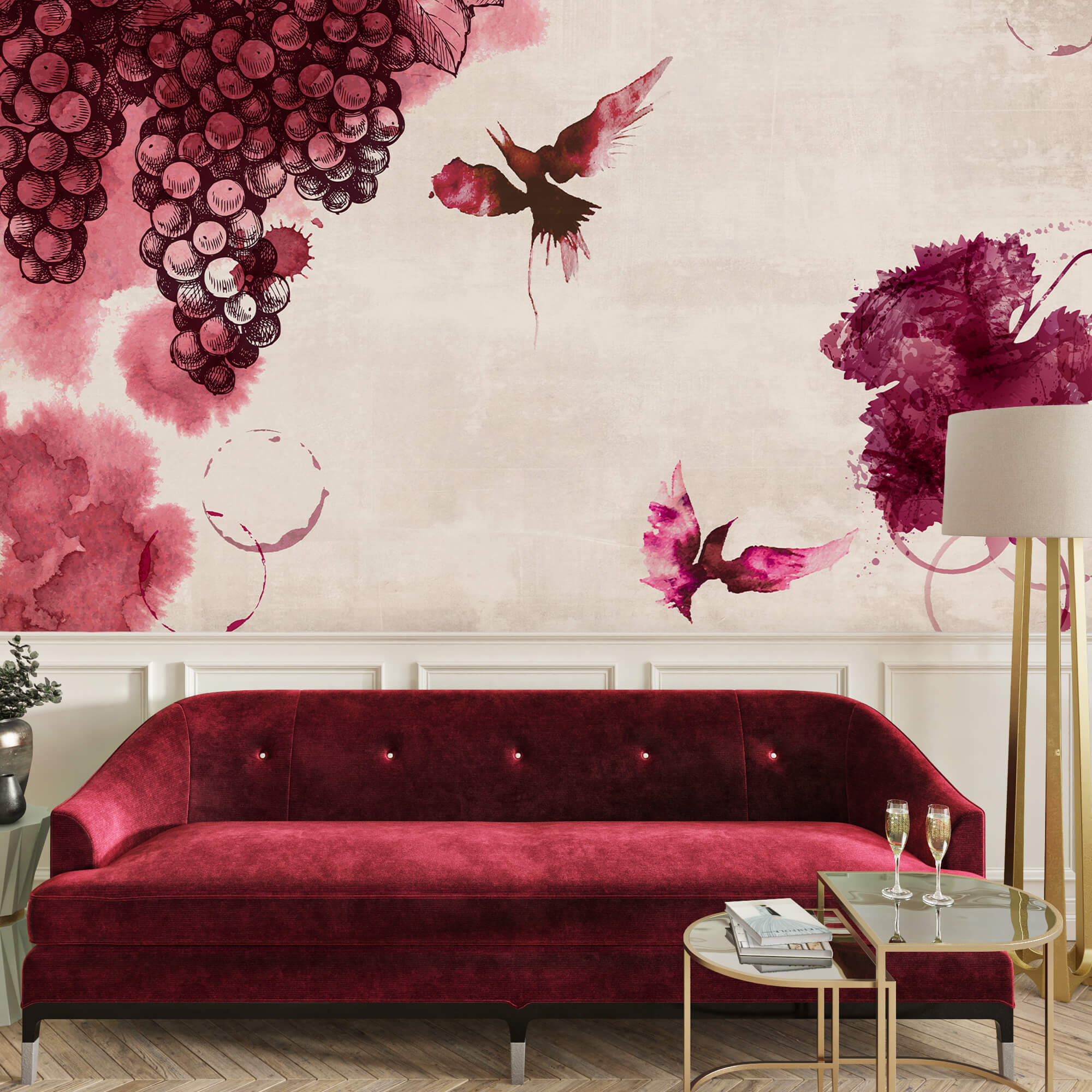 Pintura de pássaros e uvas