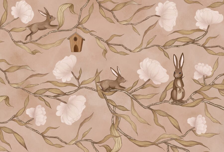 Papel de parede com coelhos e flores