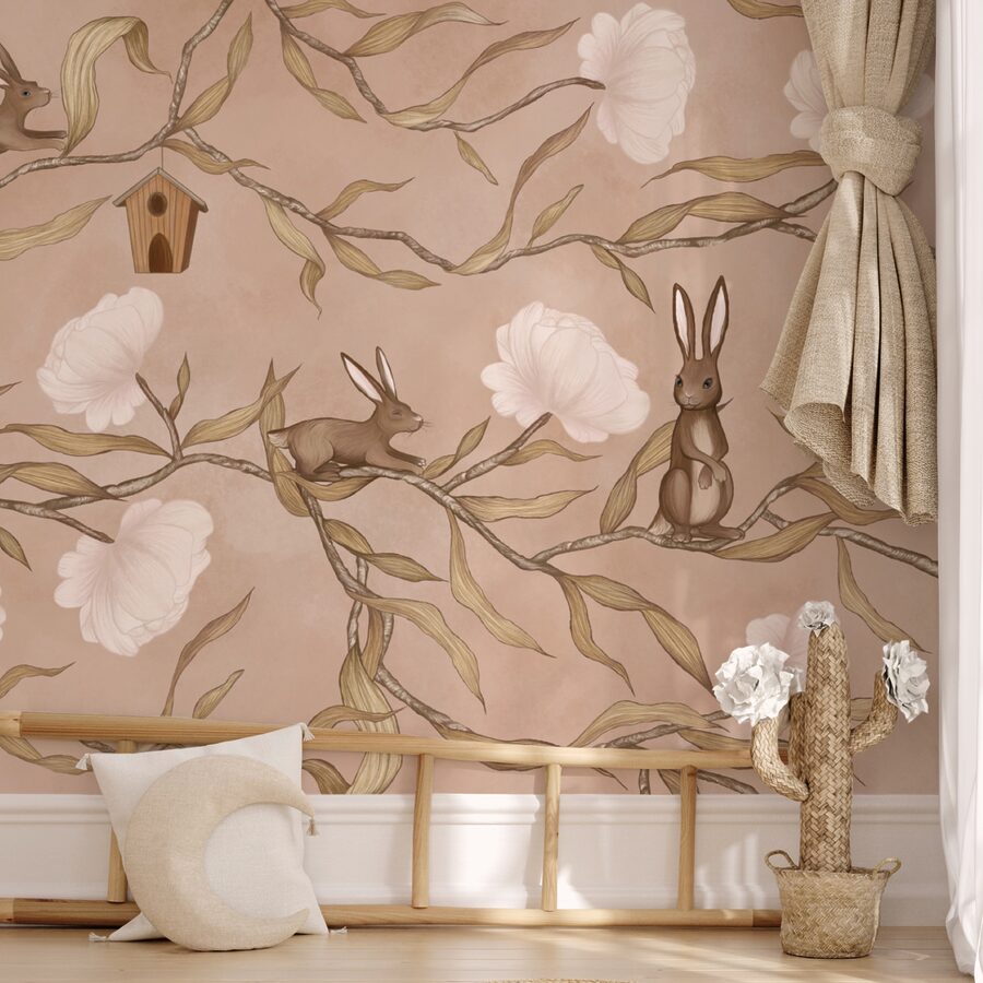 Papel de parede com coelhos e flores