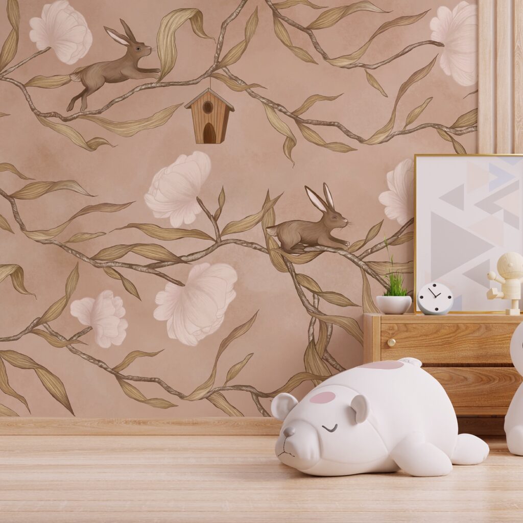 Papel de parede com coelhos e flores