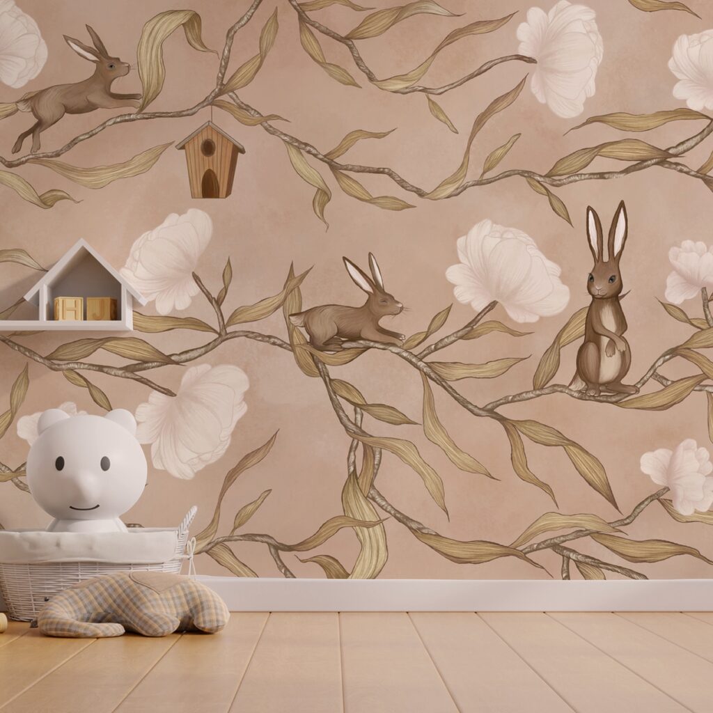 Papel de parede com coelhos e flores