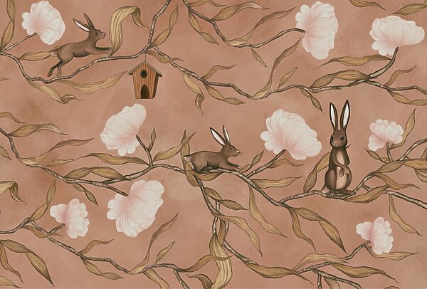 Wallpaper with rabbits and flowers