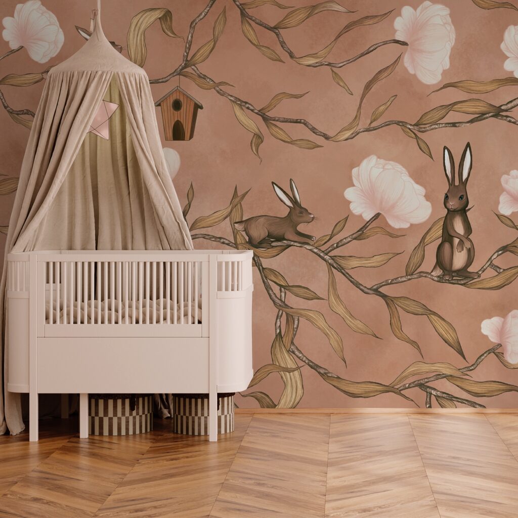 Papel de parede com coelhos e flores