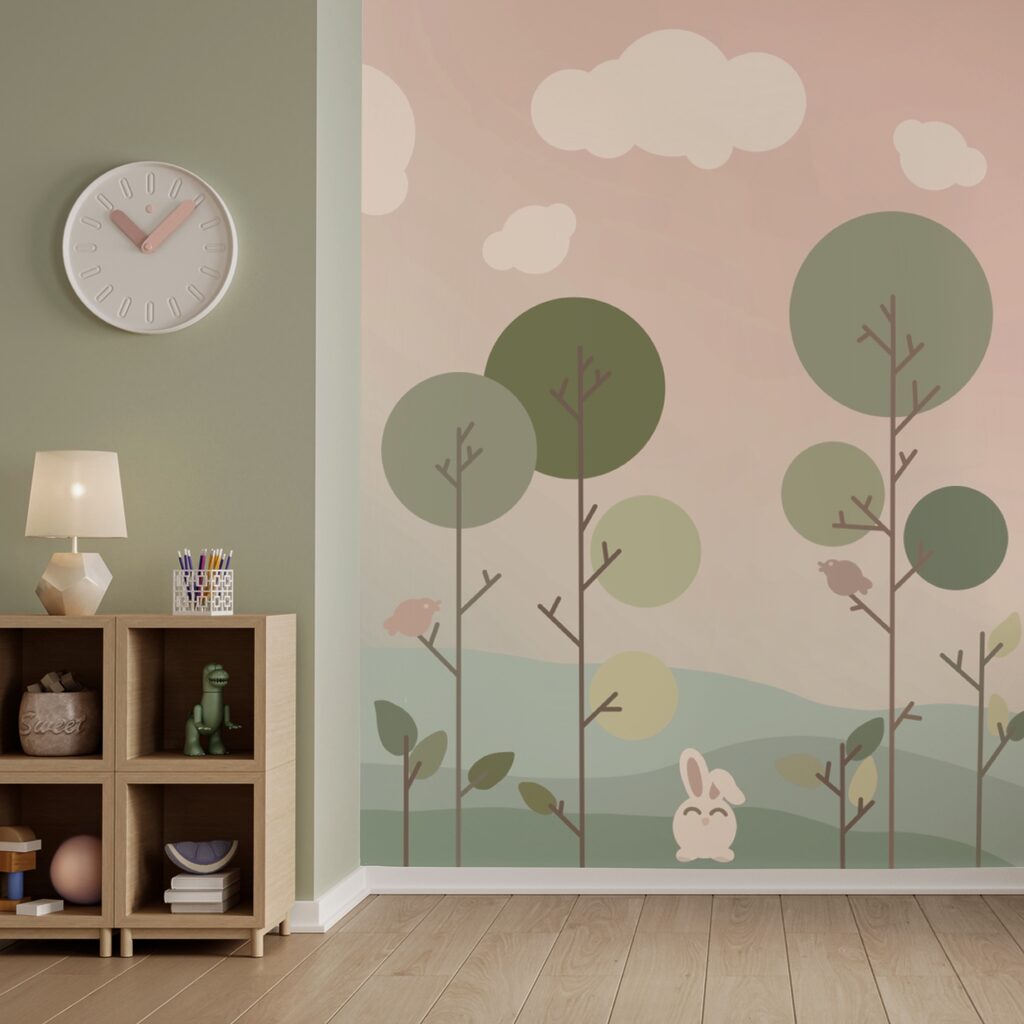 Grupo de coelhinhos e árvores