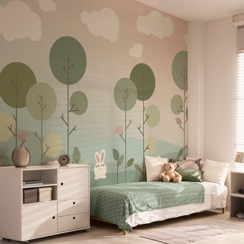 Grupo de coelhinhos e árvores