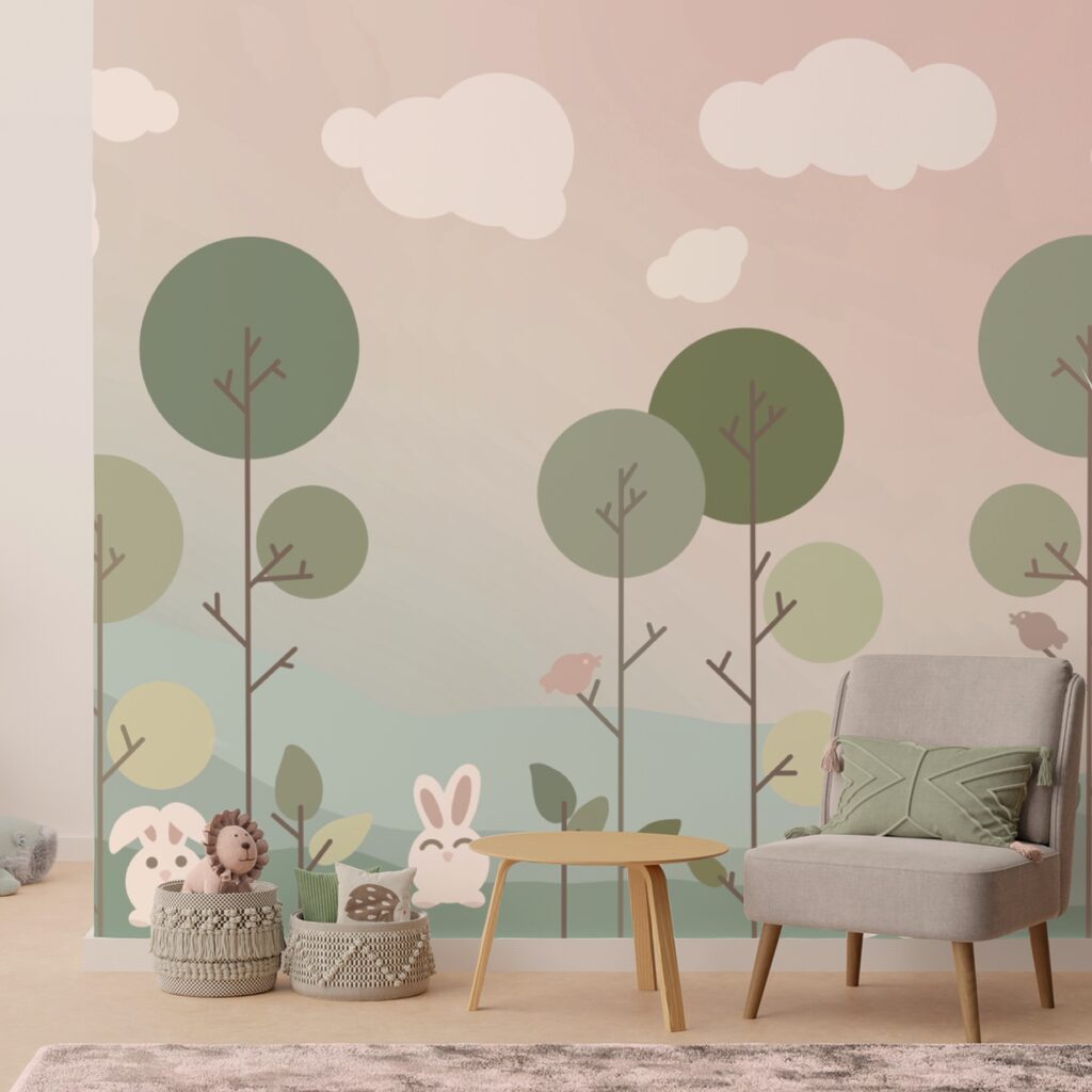 Grupo de coelhinhos e árvores