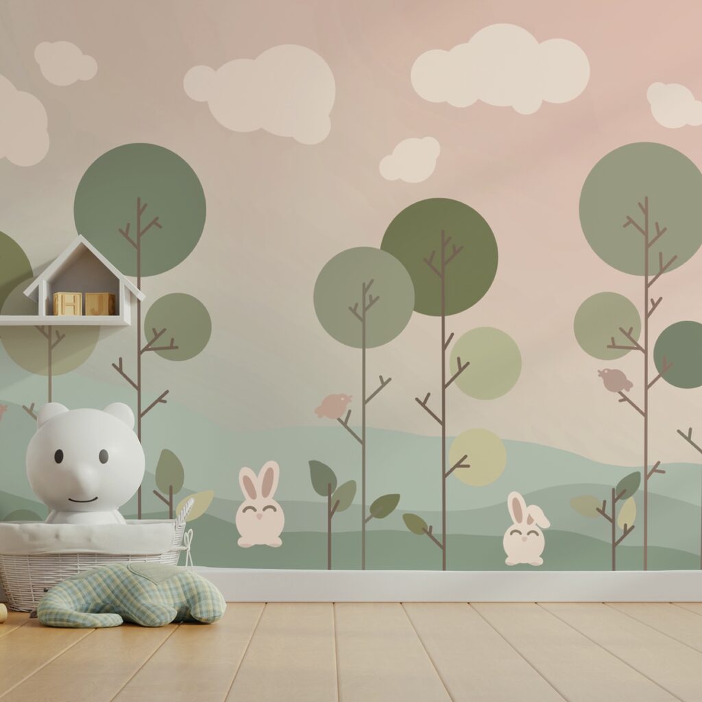 Grupo de coelhinhos e árvores